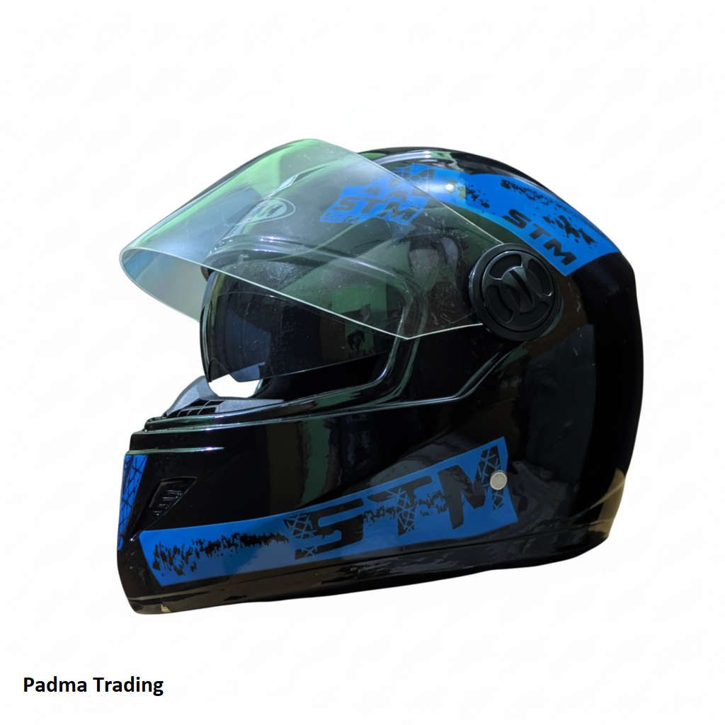 The STM Full Face Helmet with Blue & Black Stylish Graphics. budget-friendly helmet designed for basic protection.- Blue
