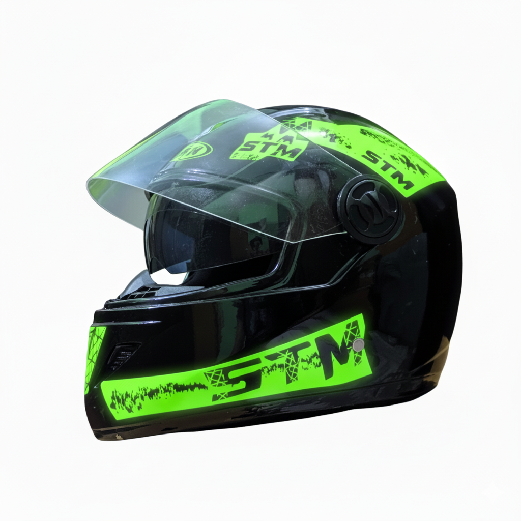 The STM Full Face Helmet with Neon & Black Stylish Graphics. budget-friendly helmet designed for basic protection.- Neon