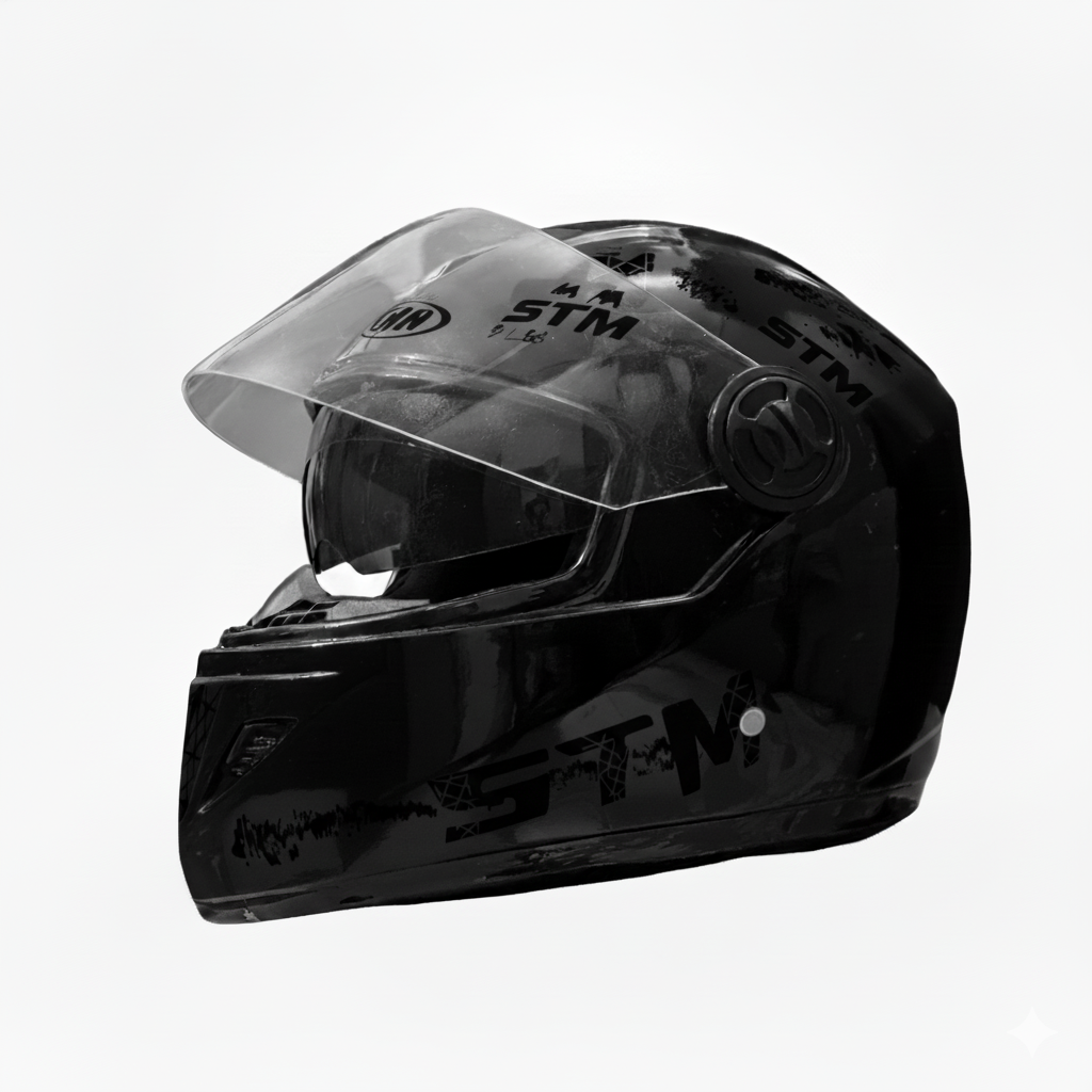 The STM Full Face Helmet with Full Black Stylish Graphics. budget-friendly helmet designed for basic protection.- Black