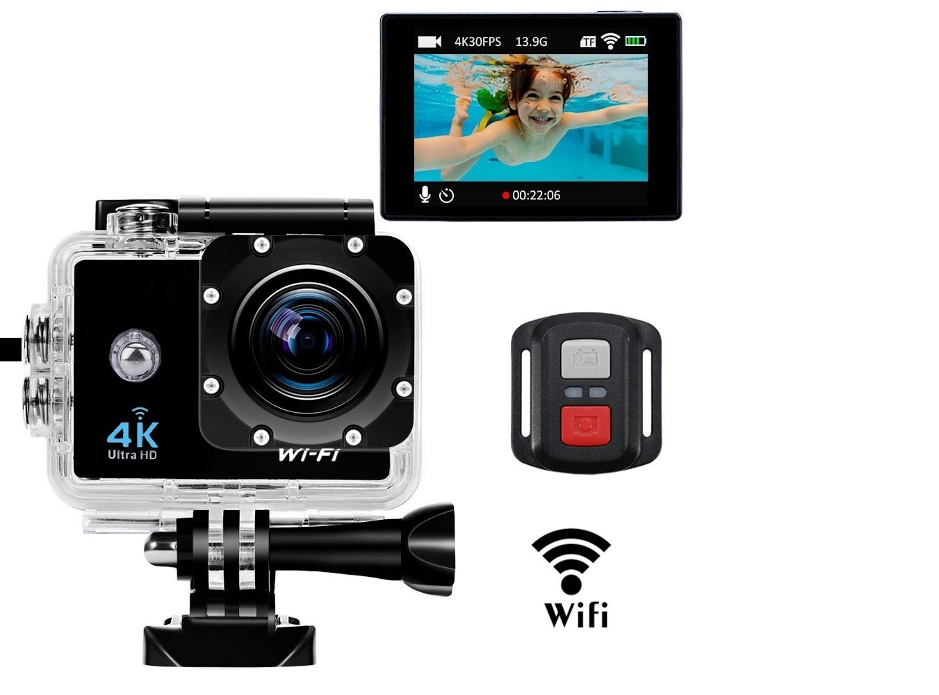 AUSEK AT-Q60AR-T 4K 4K30fps/60fps WiFi Sports Camera 2-inch + 1.3-inch dual screen with touch and timer selfie "touch Screen Waterproof 30M Sport AUSEK Action Camera 900MH BTTERY 90 MIN VIDEO